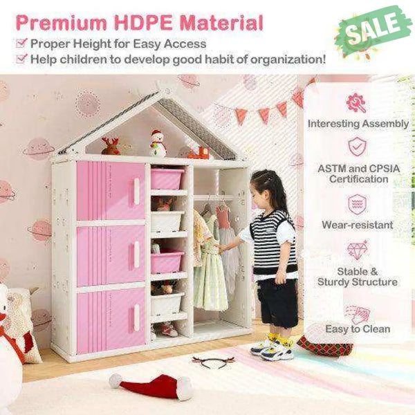 Kids Costume Storage Closet with Storage Bins and Shelves and Side Baskets for Kids Room-Gray Pink Kids Storage