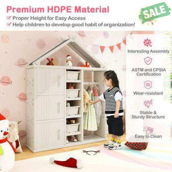 Kids Costume Storage Closet with Storage Bins and Shelves and Side Baskets for Kids Room-Gray White Kids Storage