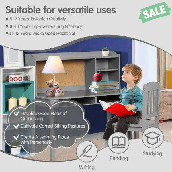 Kids Desk and Chair Set Study Writing Desk with Hutch and Bookshelves-Brown White Kids Table & Chair Sets