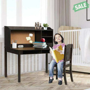 Kids Desk and Chair Set Study Writing Desk with Hutch and Bookshelves-Brown White Kids Table & Chair Sets