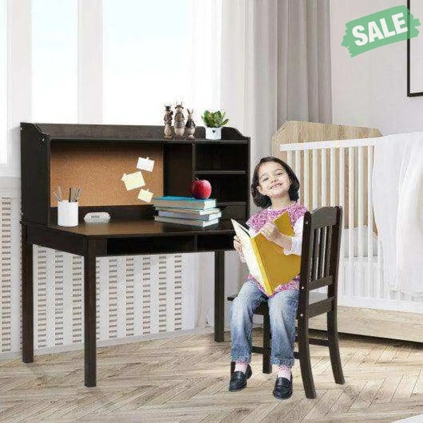 Kids Desk and Chair Set Study Writing Desk with Hutch and Bookshelves-Brown White Kids Table & Chair Sets
