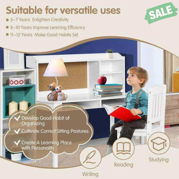 Kids Desk and Chair Set Study Writing Desk with Hutch and Bookshelves-Brown White Kids Table & Chair Sets