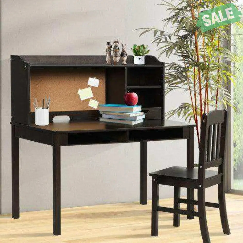 Kids Desk and Chair Set Study Writing Desk with Hutch and Bookshelves-Brown White Kids Table & Chair Sets