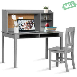 Kids Desk and Chair Set Study Writing Desk with Hutch and Bookshelves-Brown White Kids Table & Chair Sets