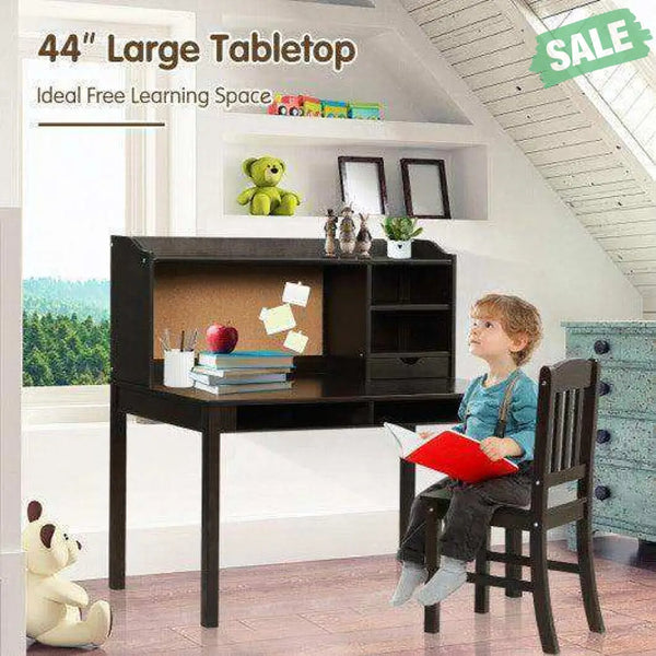 Kids Desk and Chair Set Study Writing Desk with Hutch and Bookshelves-Brown White Kids Table & Chair Sets