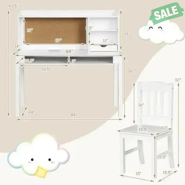 Kids Desk and Chair Set Study Writing Desk with Hutch and Bookshelves-Brown White Kids Table & Chair Sets