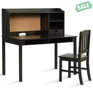 Kids Desk and Chair Set Study Writing Desk with Hutch and Bookshelves-Brown White Kids Table & Chair Sets