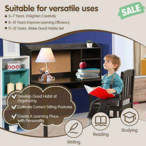 Kids Desk and Chair Set Study Writing Desk with Hutch and Bookshelves-Brown White Kids Table & Chair Sets