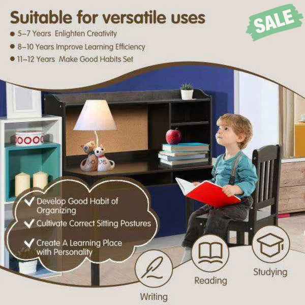 Kids Desk and Chair Set Study Writing Desk with Hutch and Bookshelves-Brown White Kids Table & Chair Sets