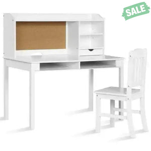 Kids Desk and Chair Set Study Writing Desk with Hutch and Bookshelves-Brown White Kids Table & Chair Sets