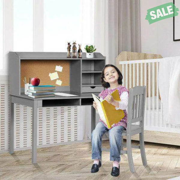 Kids Desk and Chair Set Study Writing Desk with Hutch and Bookshelves-Brown White Kids Table & Chair Sets