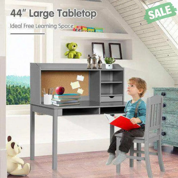 Kids Desk and Chair Set Study Writing Desk with Hutch and Bookshelves-Brown White Kids Table & Chair Sets