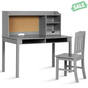 Kids Desk and Chair Set Study Writing Desk with Hutch and Bookshelves-Brown White Kids Table & Chair Sets