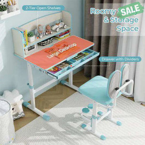 Kids Desk and Chair Set with Adjustable Height and Tilted Desktop-Blue Pink Kids Table & Chair Sets