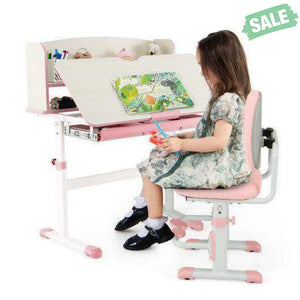 Kids Desk and Chair Set with Adjustable Height and Tilted Desktop-Blue Pink Kids Table & Chair Sets