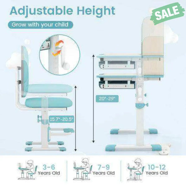 Kids Desk and Chair Set with Adjustable Height and Tilted Desktop-Blue Pink Kids Table & Chair Sets