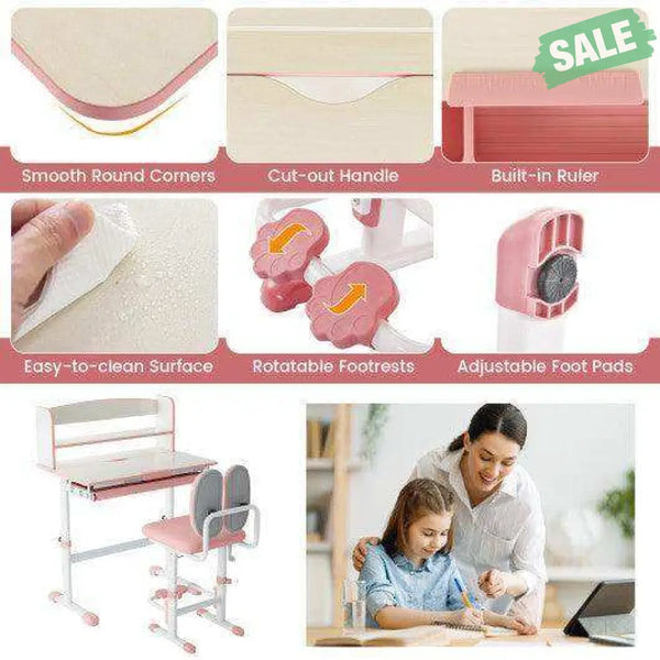 Kids Desk and Chair Set with Adjustable Height and Tilted Desktop-Blue Pink Kids Table & Chair Sets