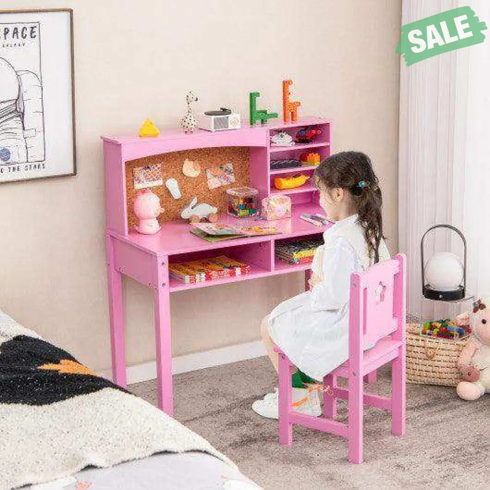 Kids Desk and Chair Set with Hutch and Bulletin Board for 3+ Kids-Pink Pink Kids Table & Chair Sets
