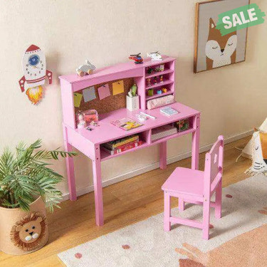 Kids Desk and Chair Set with Hutch and Bulletin Board for 3+ Kids-Pink Pink Kids Table & Chair Sets