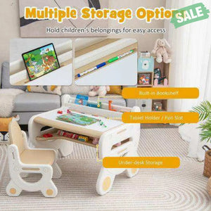 Kids Drawing Table and Chair Set with Watercolor Pens and Blackboard Eraser-Blue Brown Kids Table & Chair Sets