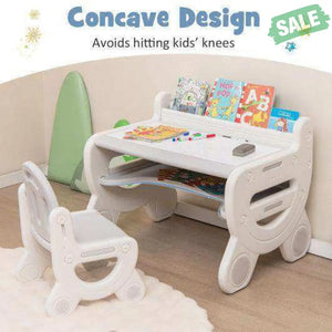 Kids Drawing Table and Chair Set with Watercolor Pens and Blackboard Eraser-Blue Gray Kids Table & Chair Sets