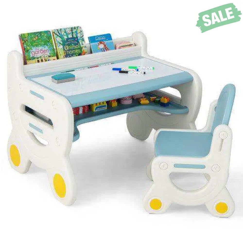 Kids Drawing Table and Chair Set with Watercolor Pens and Blackboard Eraser-Blue Kids Table & Chair Sets