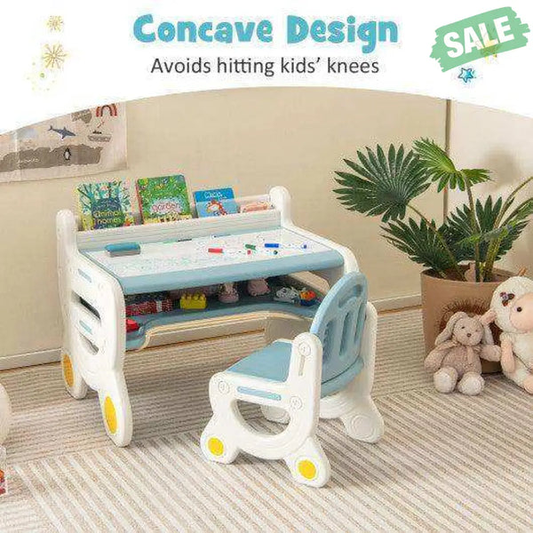 Kids Drawing Table and Chair Set with Watercolor Pens and Blackboard Eraser-Blue Kids Table & Chair Sets