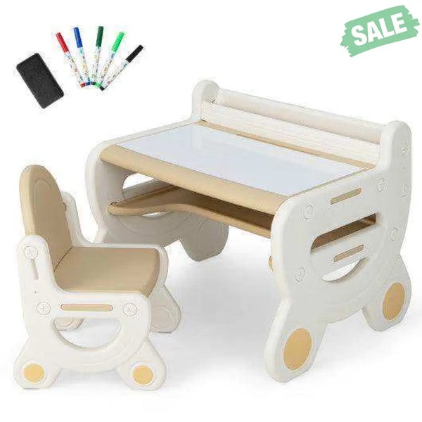 Kids Drawing Table and Chair Set with Watercolor Pens and Blackboard Eraser-Blue Kids Table & Chair Sets