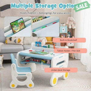 Kids Drawing Table and Chair Set with Watercolor Pens and Blackboard Eraser-Blue Blue Kids Table & Chair Sets