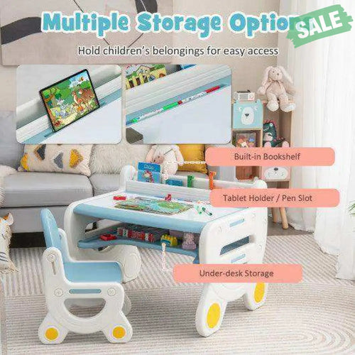Kids Drawing Table and Chair Set with Watercolor Pens and Blackboard Eraser-Blue Blue Kids Table & Chair Sets