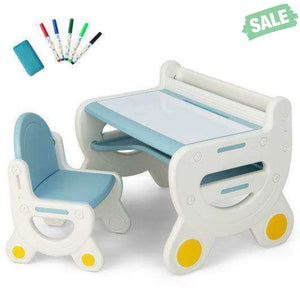 Kids Drawing Table and Chair Set with Watercolor Pens and Blackboard Eraser-Blue Kids Table & Chair Sets