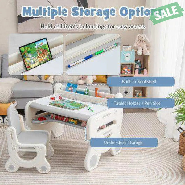 Kids Drawing Table and Chair Set with Watercolor Pens and Blackboard Eraser-Blue Kids Table & Chair Sets