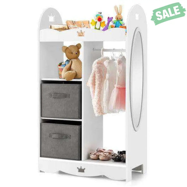 Kids Dress up Storage Costume Closet with Mirror and Toy Bins-White Kids Storage