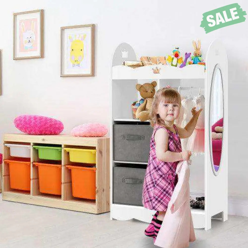 Kids Dress up Storage Costume Closet with Mirror and Toy Bins-White Kids Storage