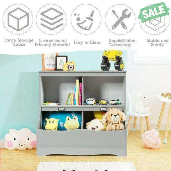 Kids Floor Cabinet Multi-Functional Bookcase -Gray White Kids Storage
