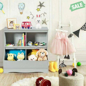 Kids Floor Cabinet Multi-Functional Bookcase -Gray White Kids Storage