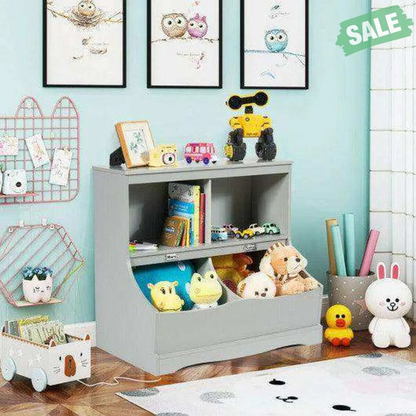 Kids Floor Cabinet Multi-Functional Bookcase -Gray White Kids Storage