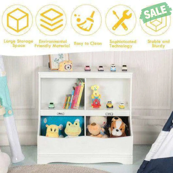Kids Floor Cabinet Multi-Functional Bookcase -Gray White Kids Storage