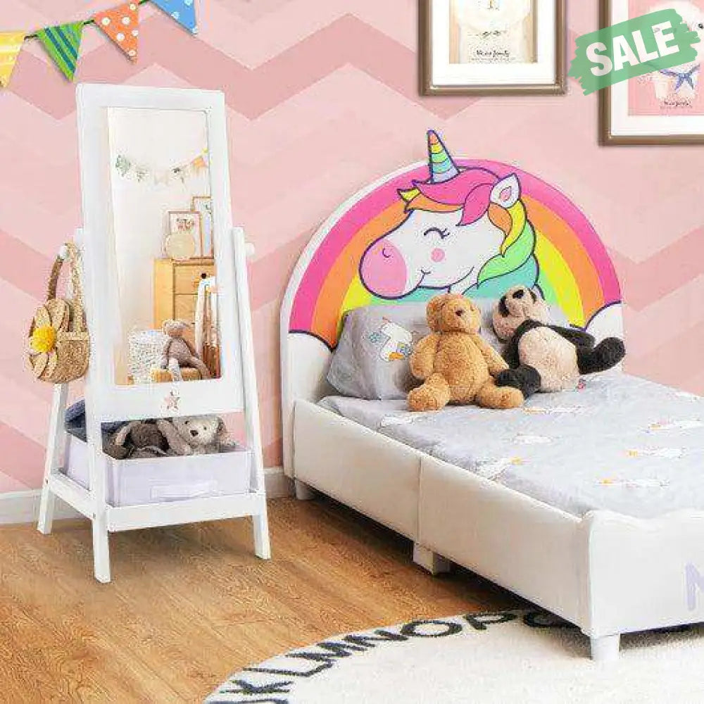 Kids Full Length Mirror 360 Degree Rotatable Dressing Mirror with Storage Bin-White Kids Vanities