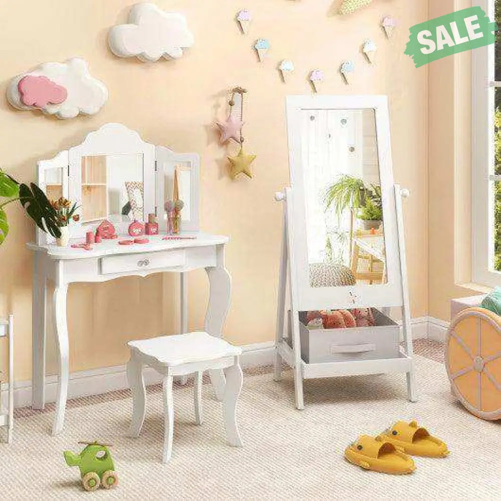 Kids Full Length Mirror 360 Degree Rotatable Dressing Mirror with Storage Bin-White Kids Vanities