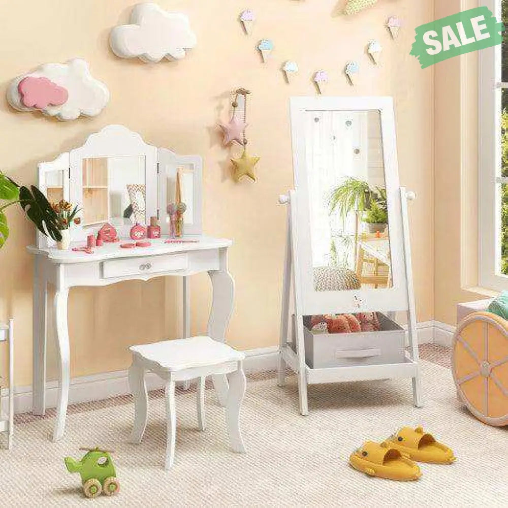 Kids Full Length Mirror 360 Degree Rotatable Dressing Mirror with Storage Bin-White Kids Vanities