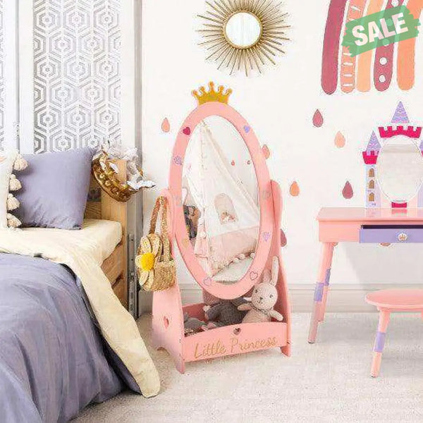 Kids Full Length Mirror with 360 Degree Rotatable Design and Shelf-Pink Kids Vanities