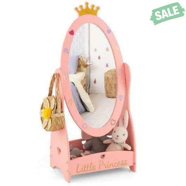Kids Full Length Mirror with 360 Degree Rotatable Design and Shelf-Pink Kids Vanities
