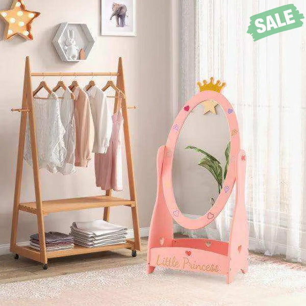 Kids Full Length Mirror with 360 Degree Rotatable Design and Shelf-Pink Kids Vanities