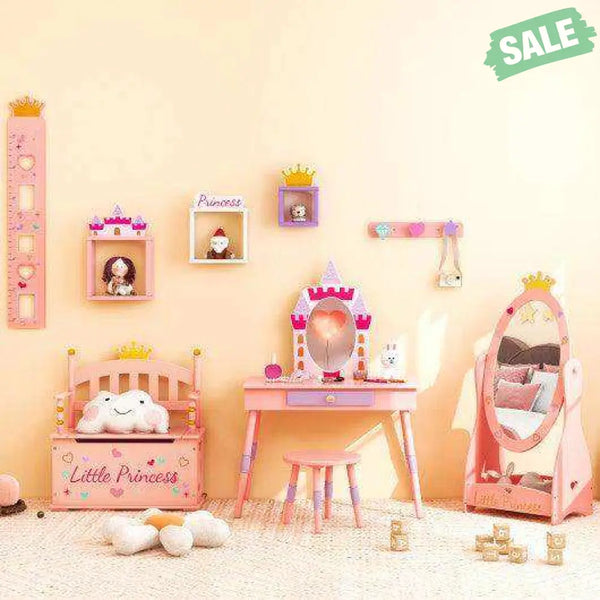 Kids Full Length Mirror with 360 Degree Rotatable Design and Shelf-Pink Kids Vanities