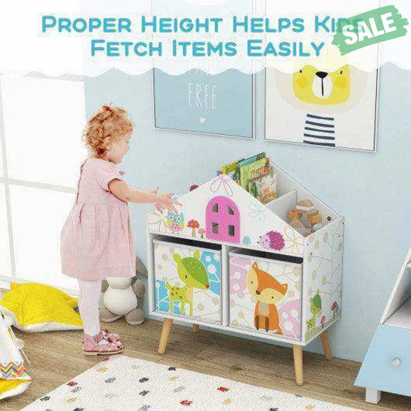 Kids House-shaped Bookshelf with 2 Storage Bins for Kids Room Playroom-White Kids Storage