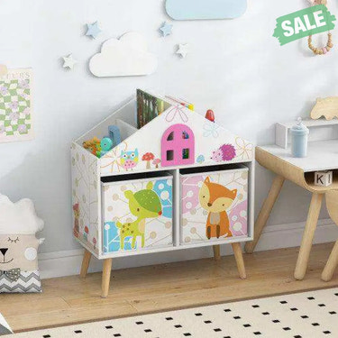 Kids House-shaped Bookshelf with 2 Storage Bins for Kids Room Playroom-White Kids Storage