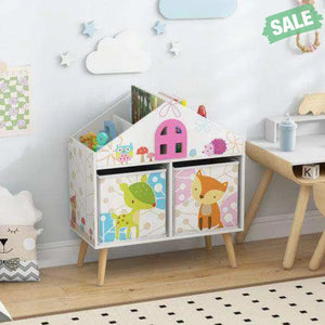 Kids House-shaped Bookshelf with 2 Storage Bins for Kids Room Playroom-White Kids Storage