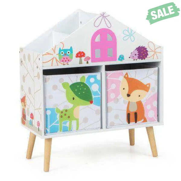 Kids House-shaped Bookshelf with 2 Storage Bins for Kids Room Playroom-White Kids Storage