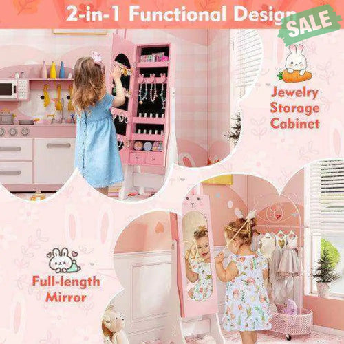 Kids Jewelry Armoire Cabinet with 2 Tilt Angles and Large Capacity-Pink Pink Kids Vanities